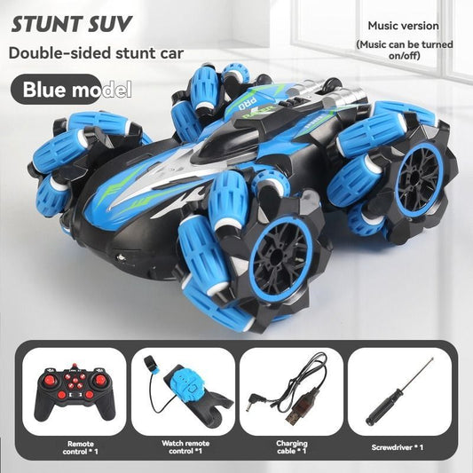 2.4G remote control car, electric stunt car, drifting car, spray function, kids toy car, double-sided stunt car, watch remote control, outdoor RC toy, rechargeable toy car - Black and orange - Size Dual-control