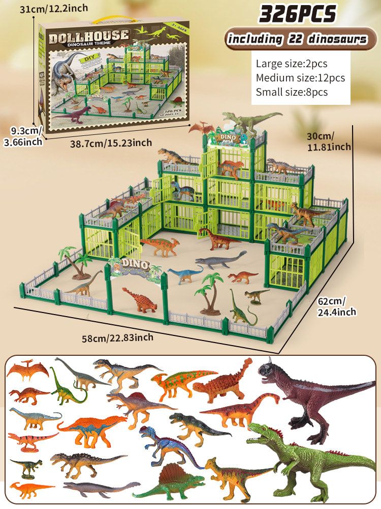 DIY Jurassic Theme Park Building Set for Kids, Creative Dinosaur Arena Toy with Realistic Dinosaurs and Palm Trees, Educational Playset for Ages 3+ to Build and Explore (326PCS, Brown)