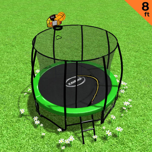 Kahuna 8ft Trampoline Safety Net Spring Pad Cover Mat Ladder Free Basketball Set Green