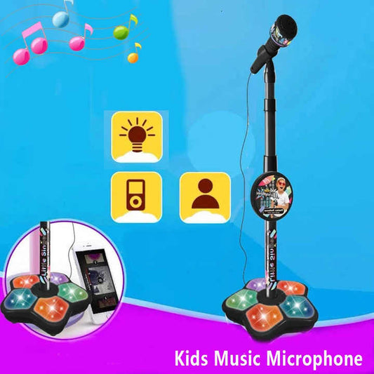 Blue Kids Star Karaoke Microphone Stand Adjustable Height Music Toy with Flashing Lights and MP3 Connectivity for Boys and Girls