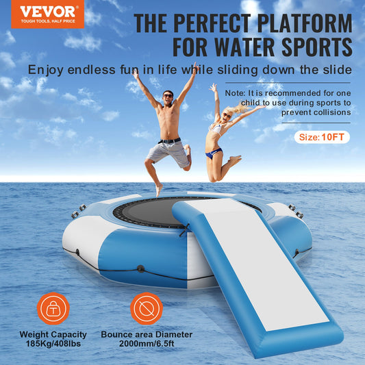 Inflatable Water Bouncer, 10ft Recreational Water Trampoline, Portable Bounce Swim Platform with Slide, 3-Step Ladder & Electric Air Pump, Kid Adult Floating Rebounder for Pool Lake Water Sports