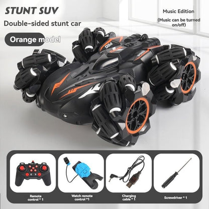 2.4G remote control car, electric stunt car, drifting car, spray function, kids toy car, double-sided stunt car, watch remote control, outdoor RC toy, rechargeable toy car - Blue - Size Dual-control