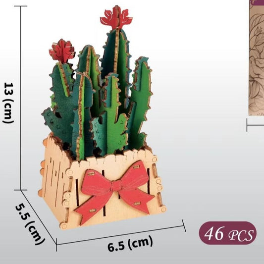 Thousand Flowers DIY 3D Wooden Cactus Puzzle with Red Flowers - 46-Piece Kids' Craft Toy
