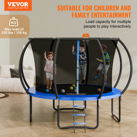 10FT Trampoline, 330 lbs Trampoline with Enclosure Net, Ladder, and Curved Pole, Heavy Duty Trampoline with Jumping Mat and Spring Cover Padding, Outdoor Recreational Trampolines for Kids Adults