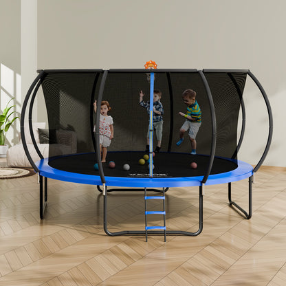 14FT Trampoline, 450 lbs Trampoline with Enclosure Net, Ladder, and Curved Pole, Heavy Duty Trampoline with Jumping Mat and Spring Cover Padding, Outdoor Recreational Trampolines for Kids Adults